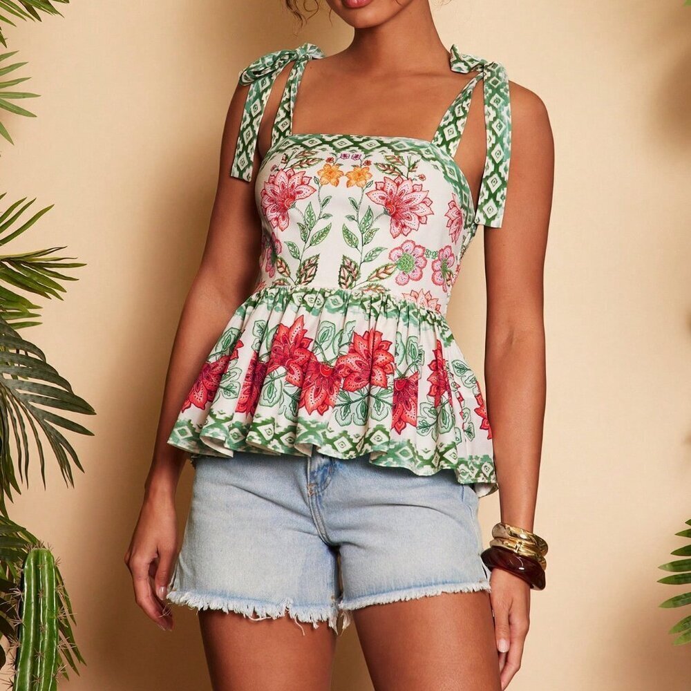 Multicolor Boho Women's Printed Tie-Up Camisole Vacation Beach Party Top